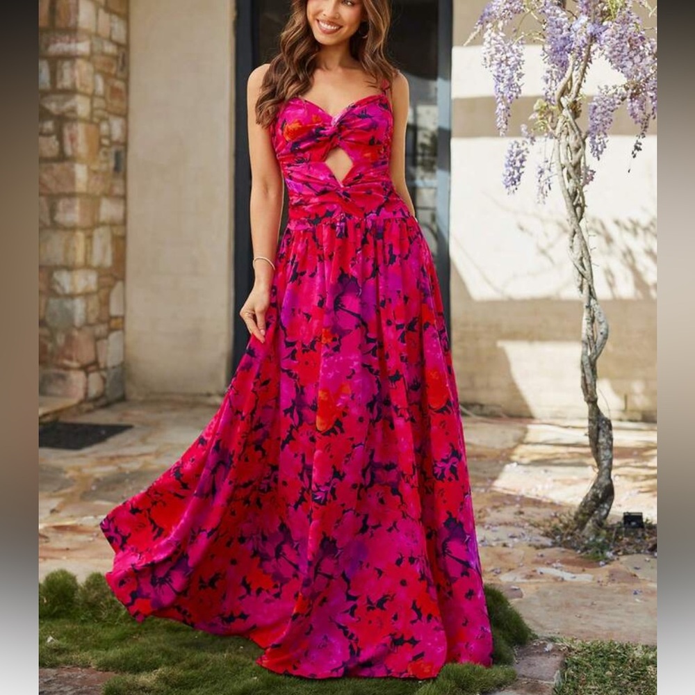 Boho Pink Floral Print Cutout Maxi Dress